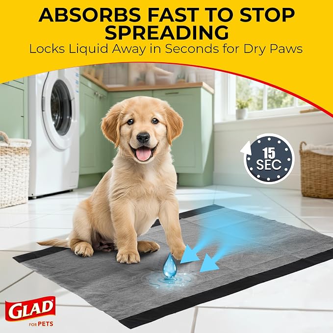 Glad for Pets Extra Large Charcoal Training Pads for Dogs and Puppies, Activated Carbon Odor Control, 6-Layer Absorbent Leak-Proof Pee Pads with Pheromone Attractant, 28 x 30 in, 30 Count