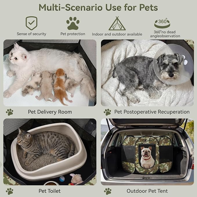 Siedihit Dog Cat Playpen, Medium Puppy Pet Playpen, Dog Crate Tent Cage Indoor/Outdoor, Portable Pop Up Dogs Kennel Playpen with Carrying Case for Dogs/Cats/Rabbits(Green Camo, Medium)