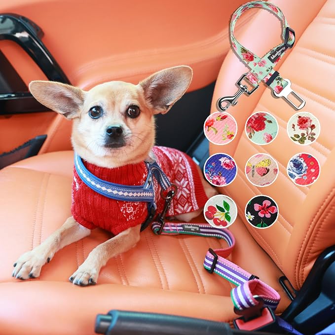 Blueberry Pet 8 Patterns Spring Scent Inspired Rose Print Irish Blue Adjustable Dog Seat Belt Tether for Dogs Cats, Durable Safety Car Vehicle Seatbelts Leads Use with Harness