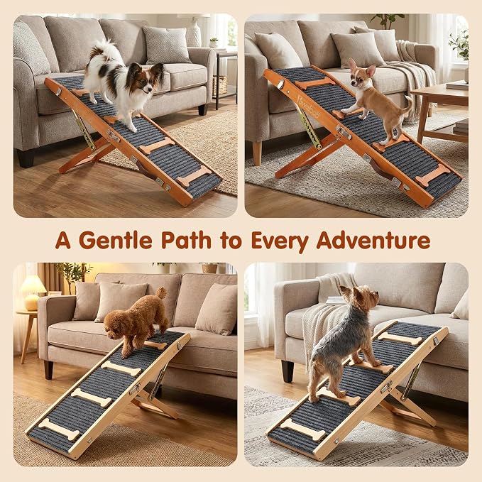 Pawaboo 2026 Upgraded Dog Ramp for Couch, Foldable Small Dog Ramp for Sofa with 7 Adjustable Heights from 2.2" to 18.5", Portable Non-Slip Pet Ramps for Couch Sofa, Wood