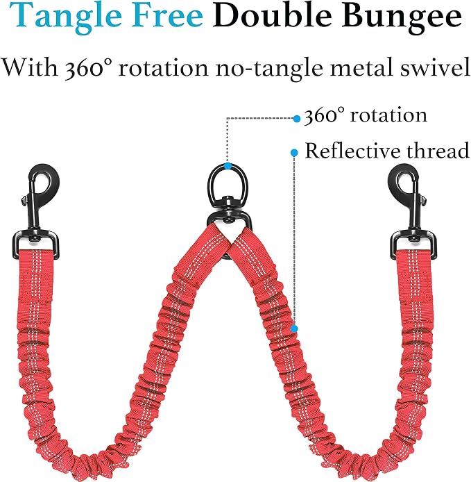 iYoShop Double Dog Leash, 360° Swivel, No Tangle, Large, 25-150 lbs, Red | Dual Leash for Two Dogs, Split Leash, Shock-Absorbing Bungee, Padded Handle, Heavy-Duty Rope