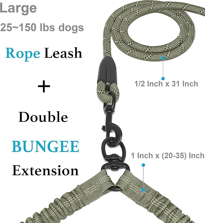 iYoShop Double Dog Leash, 360° Swivel, No Tangle, Large, Military Green | Dual Leash for Two Dogs, Split Leash, Shock-Absorbing Bungee, Padded Handle, Heavy-Duty Rope