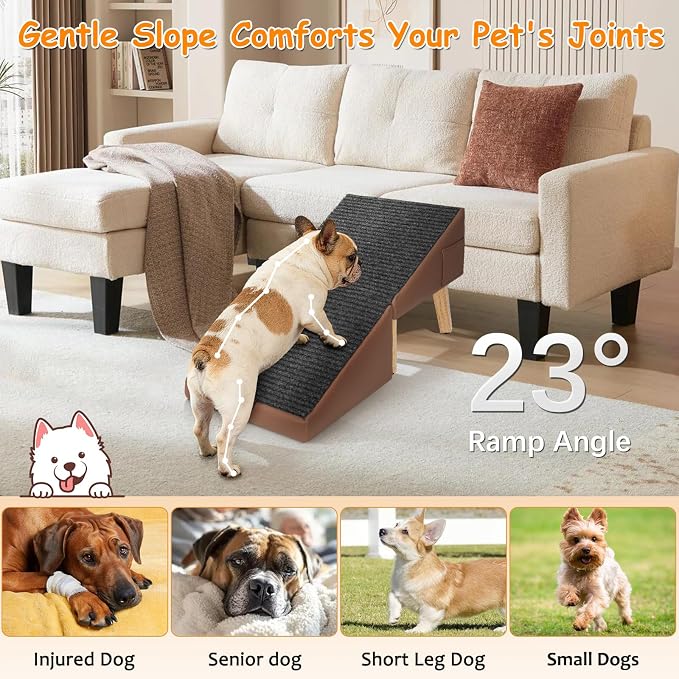 2-in-1 Foldable Dog Ramp for Couch and Bed, 14.4" H Dog Ramps for Small Dogs and Cats, Wooden Pet Stairs with Non-Slip Mat & Side Pockets, Split Ottoman Pet Ramp Steps for Medium Dogs, Puppy