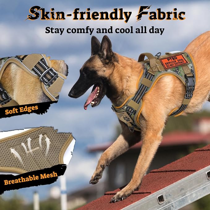rabbitgoo Tactical Dog Harness Medium Sized, No Pull Service Pet Vest | Military Molle System & Easy Control Handle, Adjustable and Reflective for Walking and Training, Brown Camo, Medium