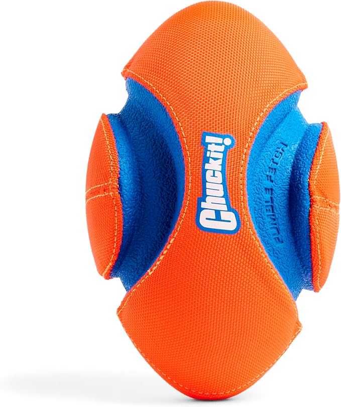 Chuckit! Fumble Fetch Dog Football - Outdoor and Indoor Interactive Dog Toy with Grooved Design for Easy Pickup - Made from Durable Rubber - Floats in Water - Small - Orange and Blue (Pack of 6)