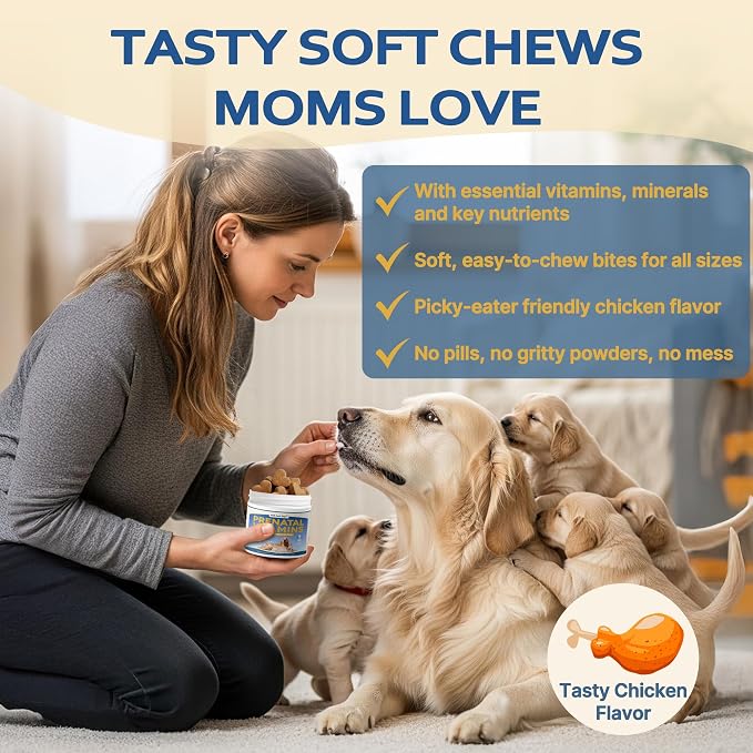Dog Prenatal Vitamins - Supports Pregnancy Wellness, Puppy Growth & Lactation and Recovery | Riched Essential Nutrients - DHA, Folic Acid,Iron, Calcium | Advanced Multivitamin for Pregnant and Nursing