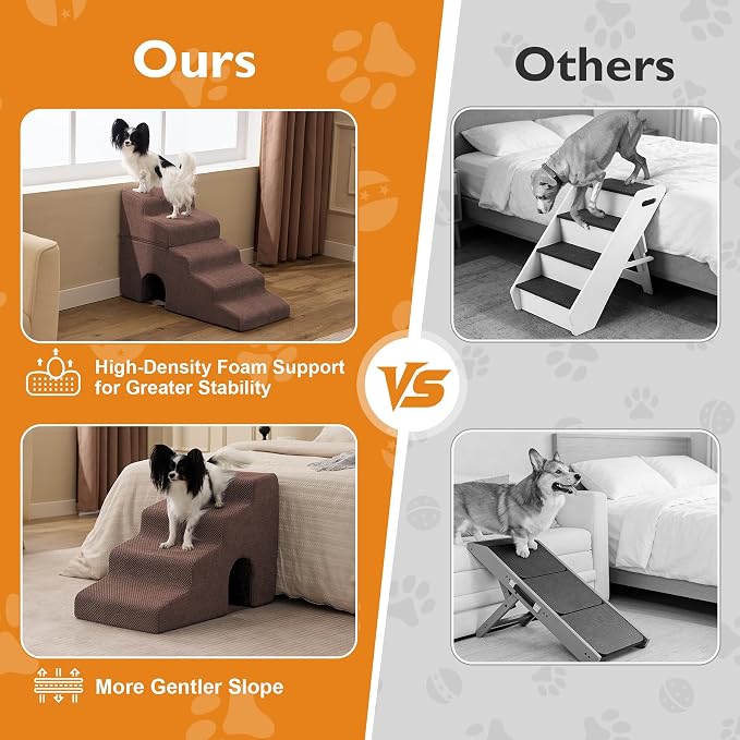 Dog Stairs for Small Dogs 16’’ H, 3-Step Dog Steps for Bed, Foldable Pet Stairs and Ramp for Dogs and Cats to Get on Beds, Couch, Non-Slip Balanced Pet Steps with Waterproof Cover, Brown