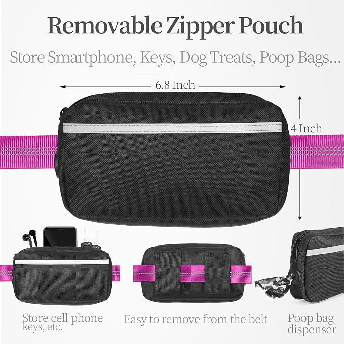 iYoShop Hands Free Dog Leash with Zipper Pouch, Large, 25-120LB, Very Berry | Waist Leash, Dual Padded Handles, Shock-Absorbing Bungee, Adjustable Waist Belt, Walking and Running