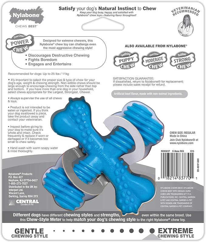 Nylabone Power Chew Comfort Hold X Bone Dog Chew Toy, Beef Flavor, Small | Small breeds, durable dog toys for dogs up to 25 lbs, teeth-cleaning textures, discourages destructive chewing, long lasting