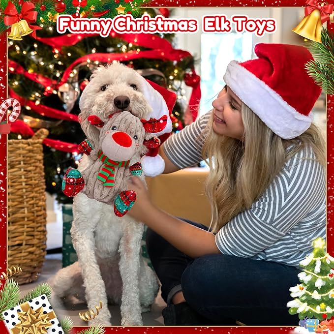 loncoldy Christmas Dog Toys, Funny Squeaky Reindeer Toy with Crinkle Paper Attract Pets, Interactive Plush Chew Toys, Adorable Christmas Elk Dog Gifts for Small Medium Large Dogs