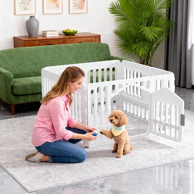 BestPet 24 Inch Dog Playpen, 4-Panel Plastic Pet Playpen with Door, Indoor Puppy Exercise Pen, Large Space Dog Fence for Small Medium Dogs, No Assembly Required, White