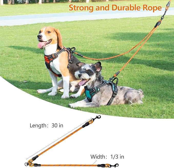 Taglory Double Dog Leash Coupler for Two Dogs, 1/3" Lightweight Dual Leash Extension for Small and Medium Dogs, No Tangle 360° Swivel, Reflective Rope, 30 Inch, Orange