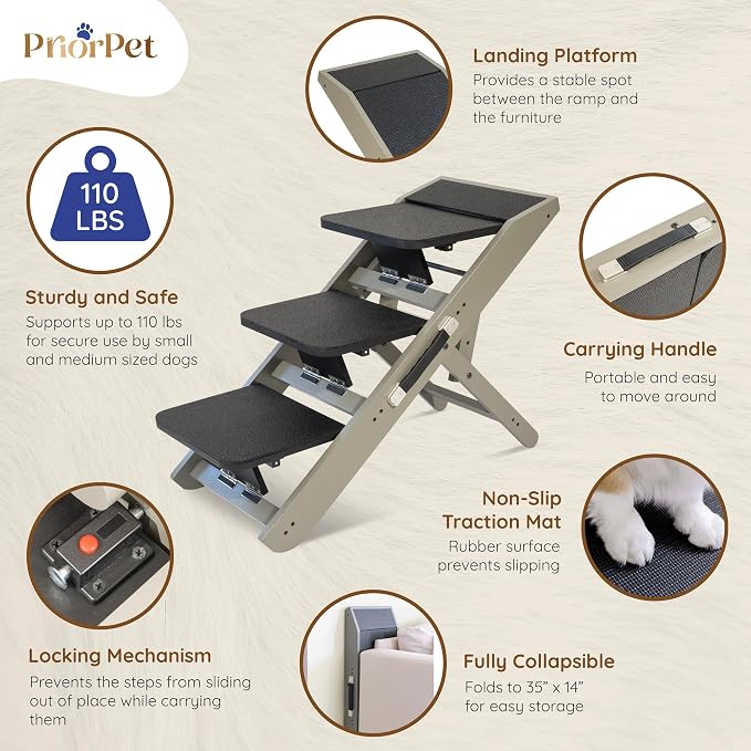 Dog ramp for Couch – Non-Slip, Sturdy Build Foldable Dog ramp – Supports up to 200lbs – Adjustable 7'' to 20'' – Landing Platform Seamlessly Connects – Birchwood Pet Ramp for Small Dogs – Gray