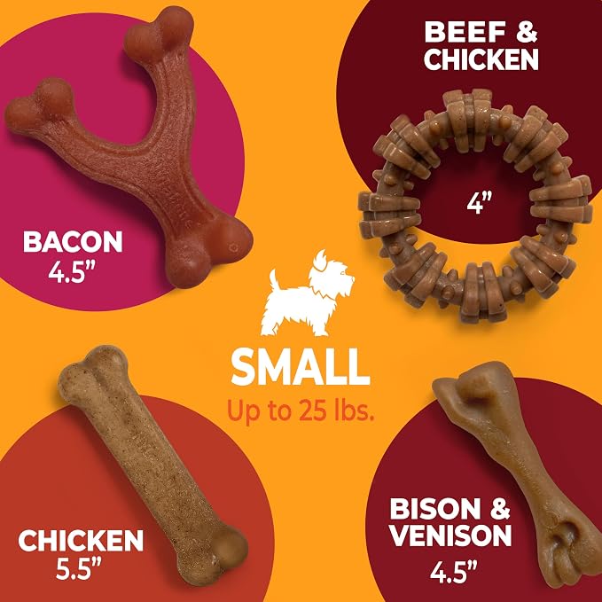 Nylabone Strong Chew Dog Toy 4-Pack, Durable Chew Toys, Small Dogs | Dog toys for aggressive chewers, made with real bacon, bison, venison, beef and chicken, for small breed dogs up to 25 lbs