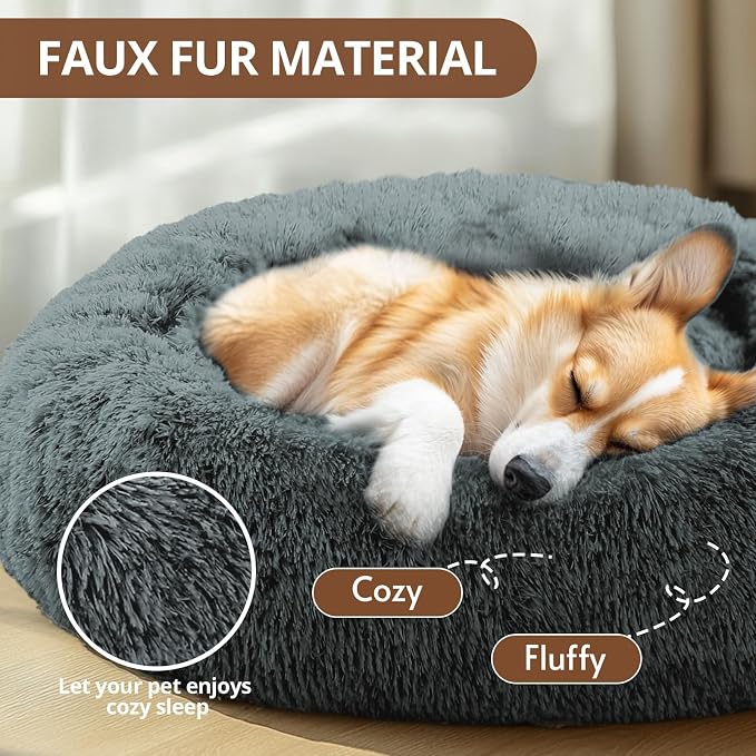 JOLLYVOGUE 23" Calming Donut Dog & Cat Bed, Navy Grey