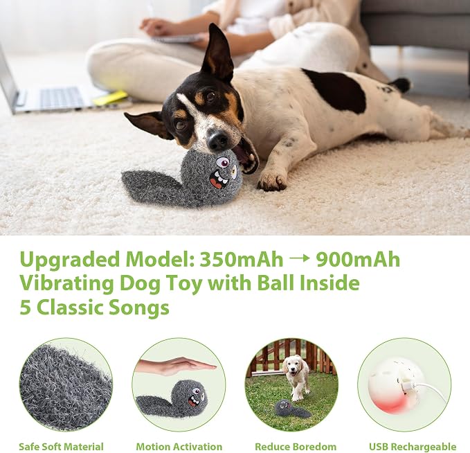 PETGEEK Upgraded Vibrating Squeaky Dog Ball, Rechargeable 900mAh, Grey | Motion-Activated Vibrating Dog Ball, Built-In Recording & Music, Crinkle Plush Cover, Squeaky Interactive Toy for All Dogs
