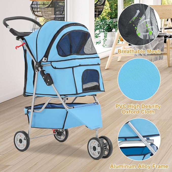 BestPet 3-Wheel Jogger Pet Stroller - Blue, Cup Holder & Removable Liner