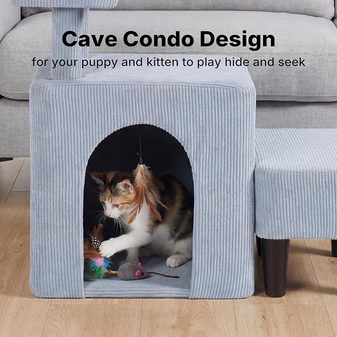 Veehoo 3 in 1 Dog Cat Stairs for Bed Couch, Small Steps Non Slip for Older Dogs Cats to Get on Bed Portable with Cave Condo and Cushioned Foot Stool, Pet Steps Cat Ramps Indoor for Senior Cats Dogs