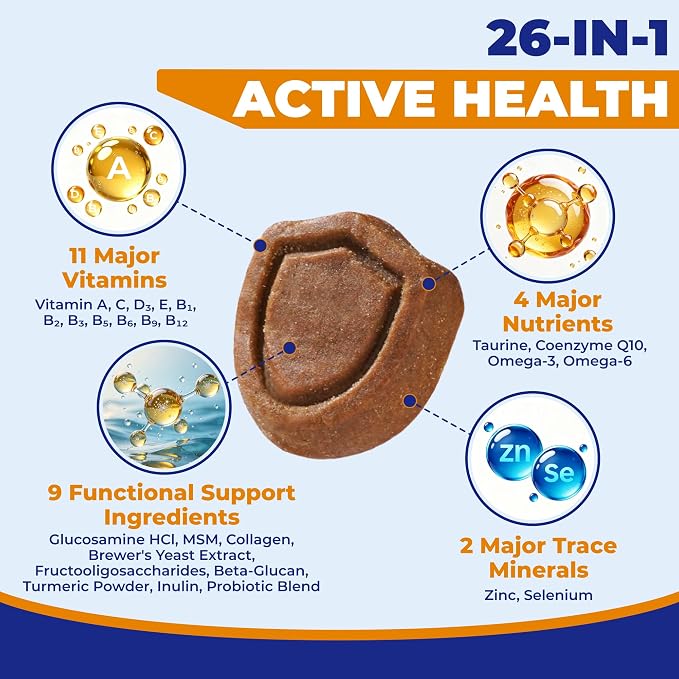 Wellix 26-in-1 Dog Multivitamin, Dog Vitamins and Supplements with Taurine | with CoQ10, Glucosamine, Probiotics & Omega-3 for Heart, Joint, Gut, Immune, Skin, Coat Health | Chicken Flavor