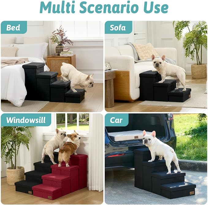 Dog Stairs with Storage, 3-Step Wider Sturdy Dog Steps for Small/Medium/Large Dogs and Older Cats, Folding Doggie Ramp for Bed/Couch/Car Hold Up to 180 lbs (16.7" H, Black)