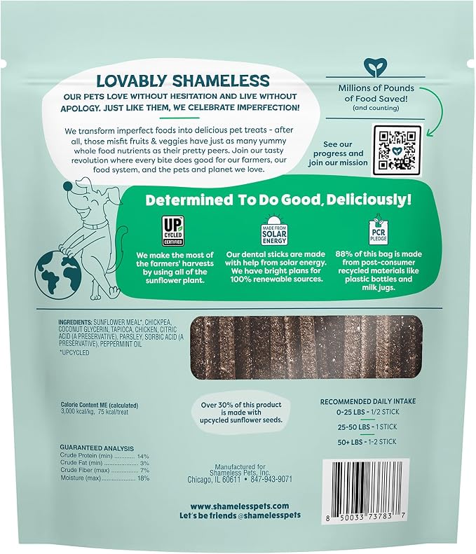 Shameless Pets Chicken & Mint Dental Chews for Dogs, 32 Chews - Natural Dog Teeth Cleaning Treats with Fresh Breath Benefits | Grain-Free Dental Sticks for Small, Medium & Large Dogs