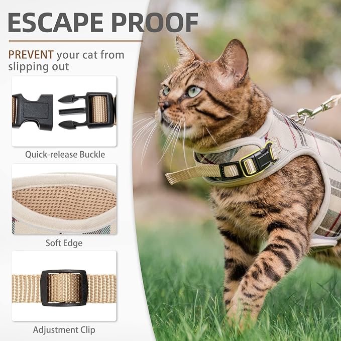 PUPTECK Soft Mesh Cat Vest Harness and Leash Set Puppy Padded Pet Harnesses Escape Proof for Cats Small Dogs Rabbits Bunny, Plaid Beige, S