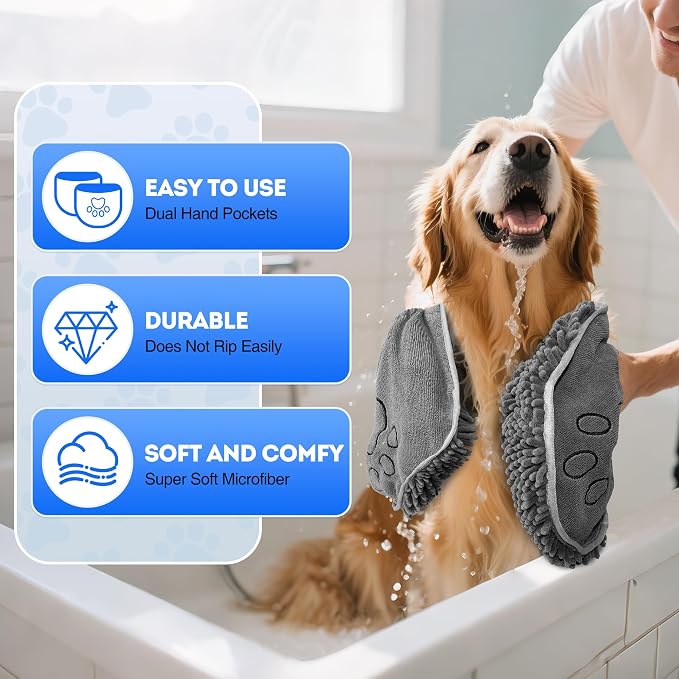 Doggy Dryer, Quick Dry Dog Towel, Microfiber Super Absorbent Dog Bath Towels for Drying Dogs Large & Small, Pet Towel with Hand Pockets, Soft & Durable Puppy Towel, Machine Washable-Grey 32"x14"