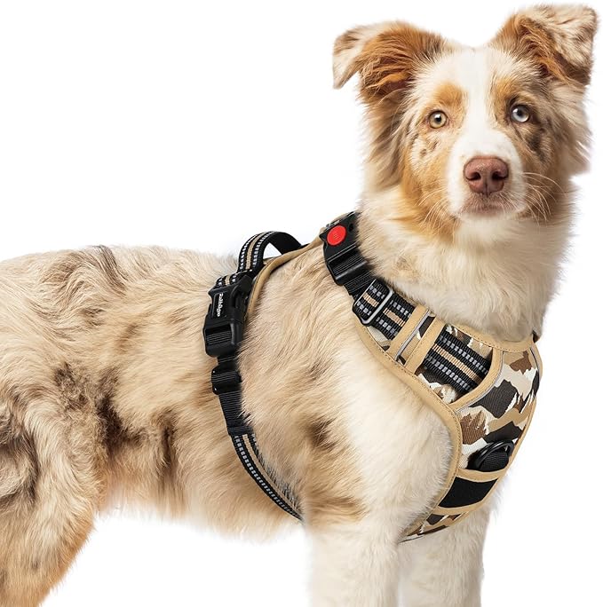 rabbitgoo Dog Harness Medium Sized, Updated Easy On & Off with 3 Buckles | No Pull No Choke, Walking with 2 Clips and Handle, Adjustable Soft Reflective, Desert Ridge, Medium