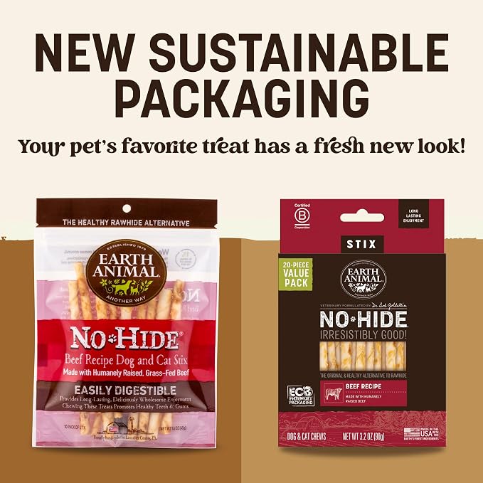 Earth Animal No Hide Stix - Long Lasting Rawhide Free Small Dog Chews Sticks, Beef - 40 Count Extra Value Pack