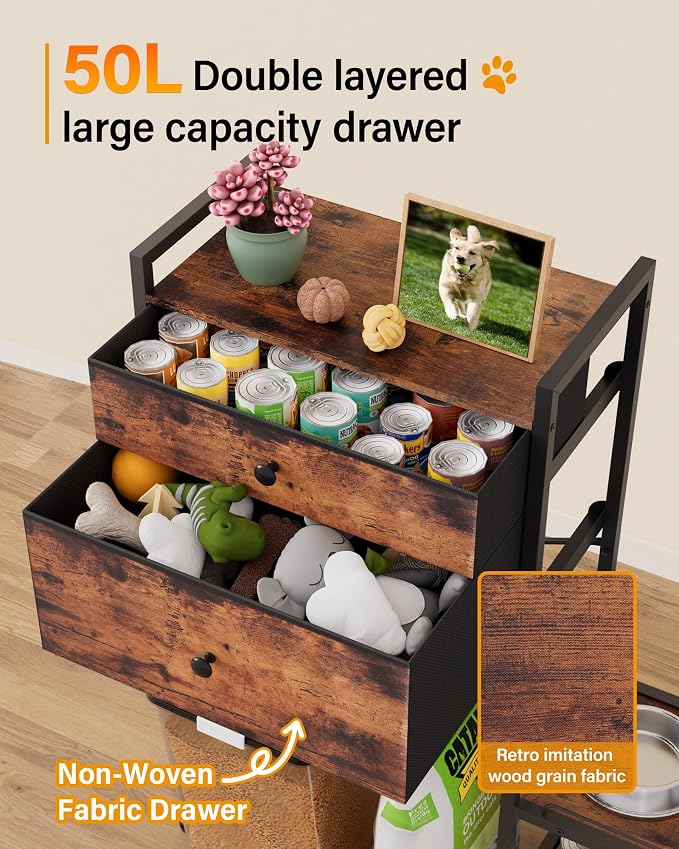 Elevated Dog Bowls,8 Heights Adjustable Dog Storage Organizer Shelves with Toy Double Drawer, Pet Food Station Cabinet for Medium Large Dogs,Elevated Dogs Bowls with Storages, Rustic Wood Brown