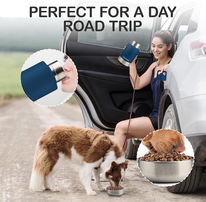 KEWIXY Insulated Dog Travel Water Bottle with Detachable Bowls, 32oz, Navy Blue