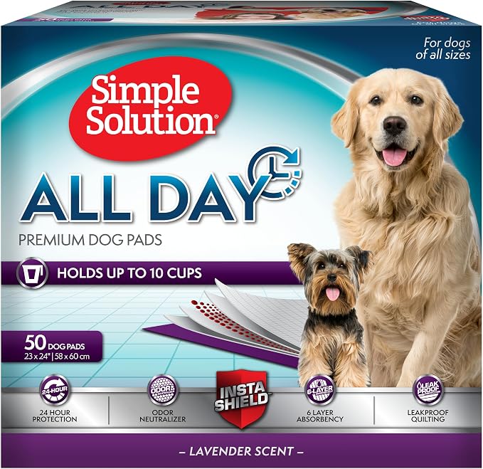 Simple Solution All Day Dog Pads, Disposable Puppy Training Pads with Lavender Scent, Leak Proof Pet Pee Pads for Indoor Potty Training, Odor Control, Quick Dry Floor Protection, 23"x24", 50 Count