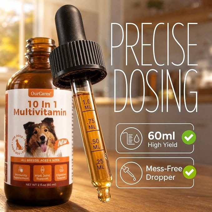 Liquid Dog Vitamins, Multivitamin Drops with Glucosamine, 2 fl oz | MSM & cranberry with vitamins B, C, D3 for skin, coat, energy, immune & urinary health. Tasteless for picky and senior dogs.