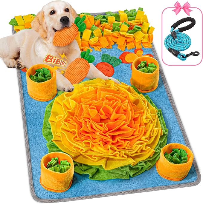 Large 32x20 Snuffle Mat for Dogs, Nosework Slow Feeder Toy | 32x20 Inch Large Size, Multiple Treat Hiding Layers, Mental Stimulation, Includes Leash & Squeaky Toys, Washable Design
