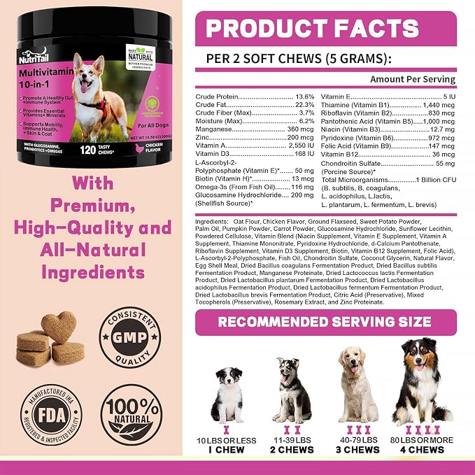 NutriTrail Multivitamin for Dogs – 10-in-1 Soft Chews with Glucosamine, Probiotics, Omega-3, Vitamins & Minerals – Supports Hip & Joint, Digestion, Skin & Coat, and Immune Health – Chicken, 120 Ct