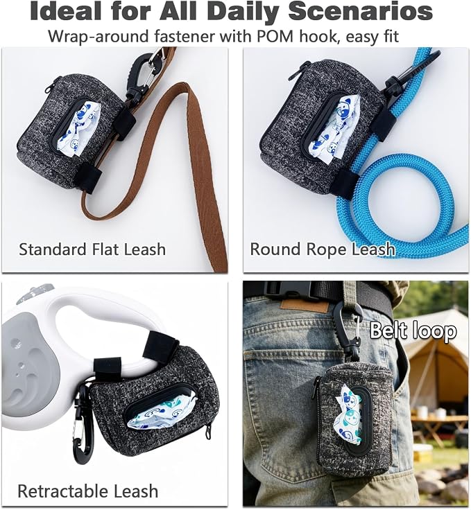 Dog Poop Bag Dispenser for Leash, Corduroy Pet Waste Bag Holder with Clip, Portable Cute Embroidered Poop Bag Carrier with Zipper, Fits Standard Size Poop Bag Rolls (Dark denim)