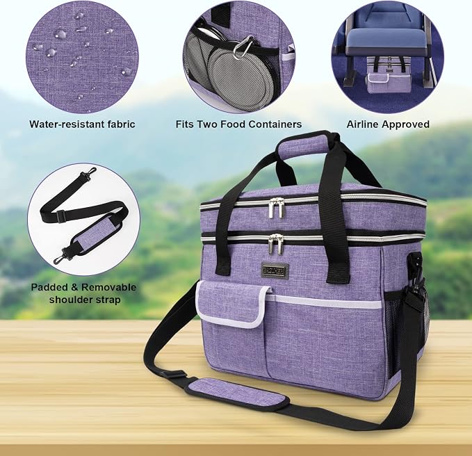 BAGLHER Dog Travel Bag, Double-Layer, with Food Containers & Bowls, Purple