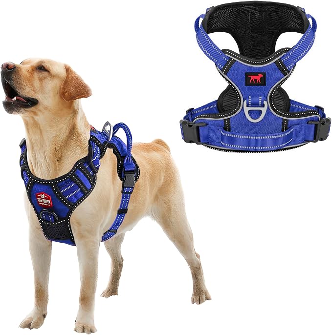 Tuff Pupper No Pull Easy Walk Dog Harness | Heavy Duty Pet Vest | Front & Back Leash Clips | Strong Safety Handle | Reflective Anti Pull Vest | Comfortable Padded Escape Proof Harness (Large, Blue)