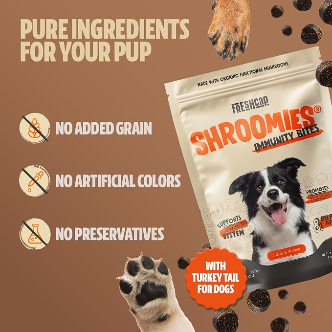 FreshCap Mushrooms Shroomies - 13 in 1 Turkey Tail Mushroom for Dogs, Super Blend Mushroom Supplement for Dogs, Dog Immune Support, Calming Treats (180 Soft Chews) (Pack of 2)