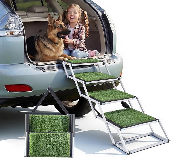 VEVOR Dog Stairs for Car, 4 Steps Extra Wide Foldable Dog Ramp for Large Dogs with Non-Slip Surface, Portable Lightweight Pet Stairs Ladder for Car, SUV, Truck, High Bed, Sofa, Support up to 200 lbs