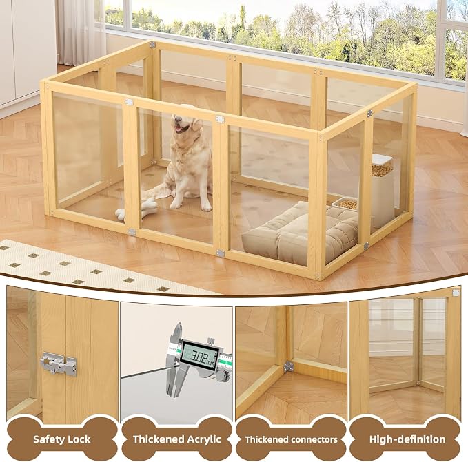 Clear Acrylic Dog Playpen Indoor with Solid Wood Frame, 10 Panels Clear Dog Playpen for Small Dogs, Easy Assembly Acrylic Pet Pen, Safe and Sturdy Play Area for Puppy Rabbit Indoor