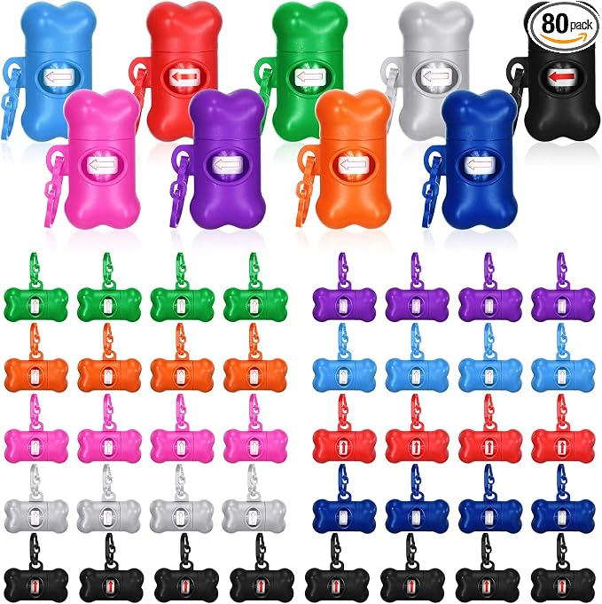 80 Pcs Dog Poop Bag Dispenser with Disposal Dog Waste Bags Bulk Dispensers Puppy Dog Poop Bag Holder with Clips for Doggy, 9 Colors (Bone Shape)