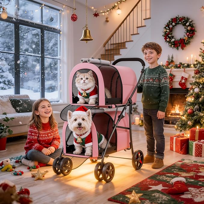 MoNiBloom 4-Wheel Double Dog Stroller - Pink/Gray, Detachable Carriers