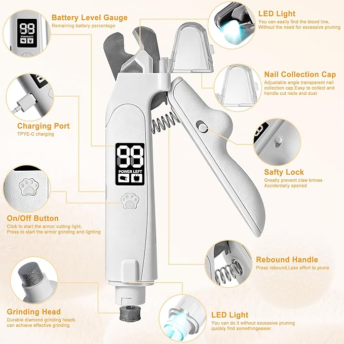 3-in-1 Pet Nail Clipper & Grinder with LED Lights, 2 Speed Modes
