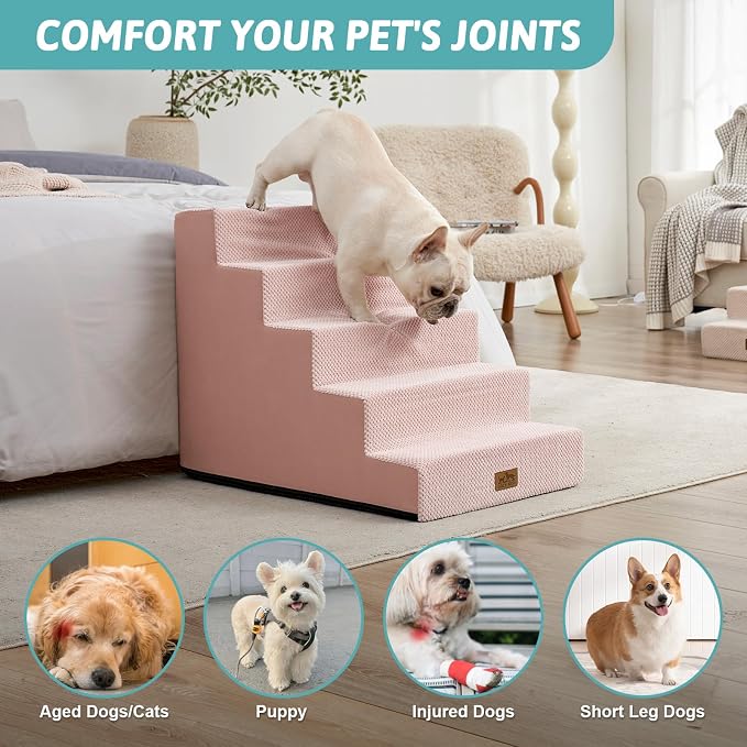 COZY KISS Dog Stairs for Small Dogs, 5 Step Pet Stairs for Beds & Couches | 23.6" H Wider Non-Slip Dog Steps for Bed, Ideal for Puppies, Senior Cats, and Small to Medium Dogs, 19.7x29.5x23.6 in, Pink