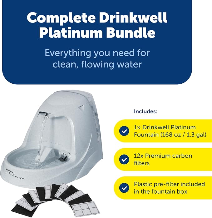 PetSafe Drinkwell Platinum Cat Water Fountain - Pet Fountain for All Pet Sizes, Encourages More Drinking, Includes 12-Pack of Replaceable Carbon Filters, Indoor Use, Grey (168 oz/5L)