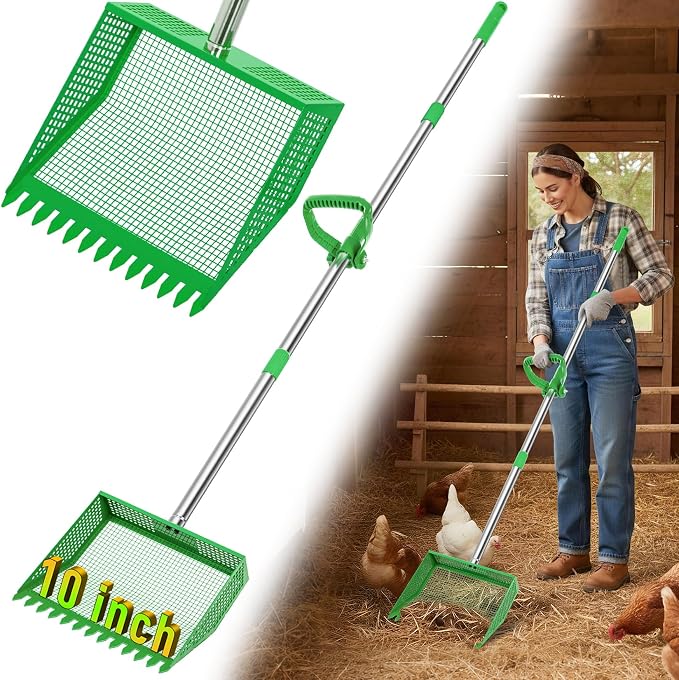 TOOGE Large Chicken Poop Scooper: 2-in-1 Metal Pooper Scooper & Rake Adjustable 62" Long Handle Stainless Steel Sand Sifting Litter Shovel Chicken Coop Scoop Cleaning Tool for Goat Yard Bright Green