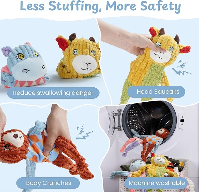 Nocciola 5PC No Stuffing Puppy Toys - Dog Toys Plushies Whimsical Variety Colors Animal Plush Toy with Squeaky Crinkle Sound to Keep Them Busy for Small Medium Dogs