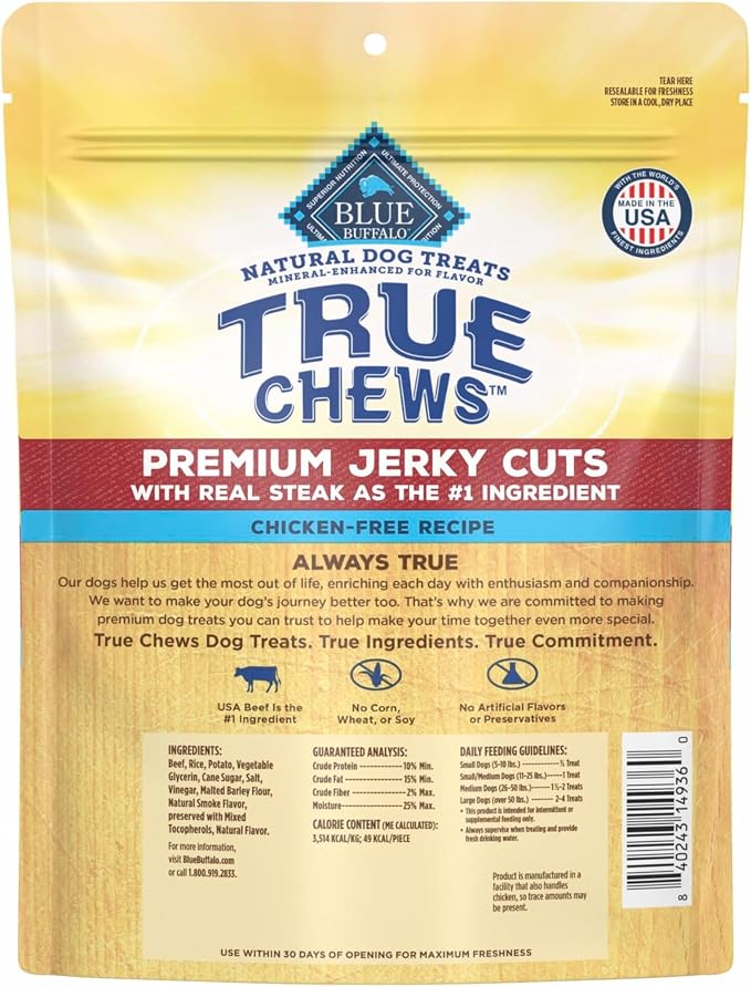 Blue Buffalo True Chews Premium Jerky Cuts with Real Steak, Chicken-Free Natural Dog Treats, Mineral-Enhanced for Flavor, 10 oz. Bag