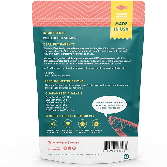 A Better Treat - Freeze Dried Salmon Dog Treats, Wild Caught, Single Ingredient | Natural High Value | Gluten Free, Grain Free, High Protein, Diabetic